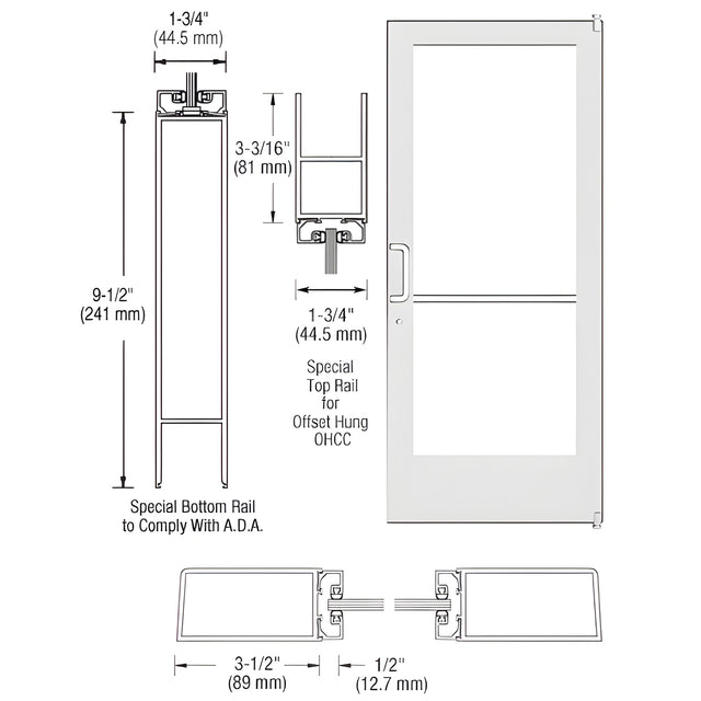 CRL-U.S. Aluminum White KYNAR® Paint Standard Single 36" x 84" Series 400 Medium Stile Left Side Latch Offset Pivot Entrance Door for 105º Overhead Concealed Door Closer