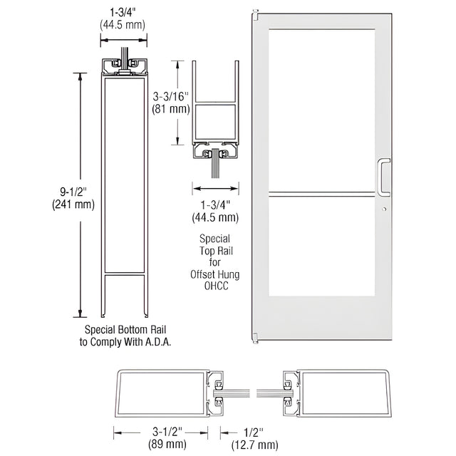 CRL-U.S. Aluminum White KYNAR® Paint Standard Single 36" x 84" Series 400 Medium Stile Right Side Latch Offset Pivot Entrance Door for 105º Overhead Concealed Door Closer