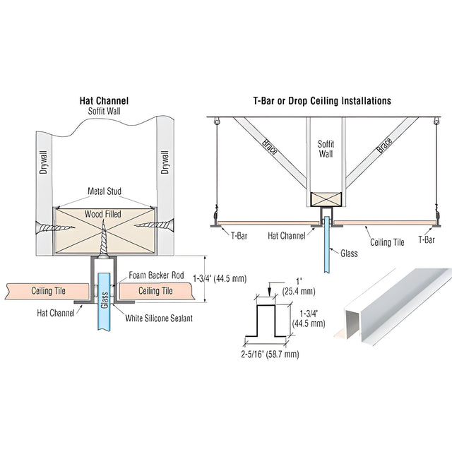 CRL White 240" Length Hat Channel for Fixed Glazing