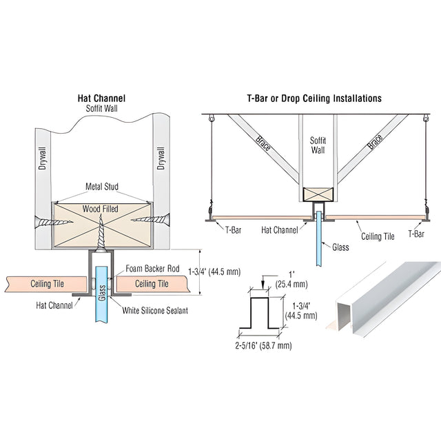 CRL White Custom Length Hat Channel for Fixed Glazing