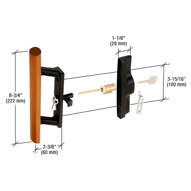 CRL Wood/Black Keyed Internal Lock Sliding Glass Door Handle Set with 3-15/16" Screw Holes for Viking Doors