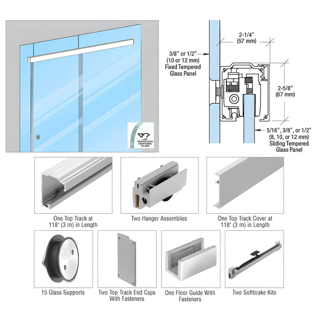 CRL285 Series Satin Anodized Glass Mount Single Slider Kit for 5/16", 3/8", 1/2" - 118"