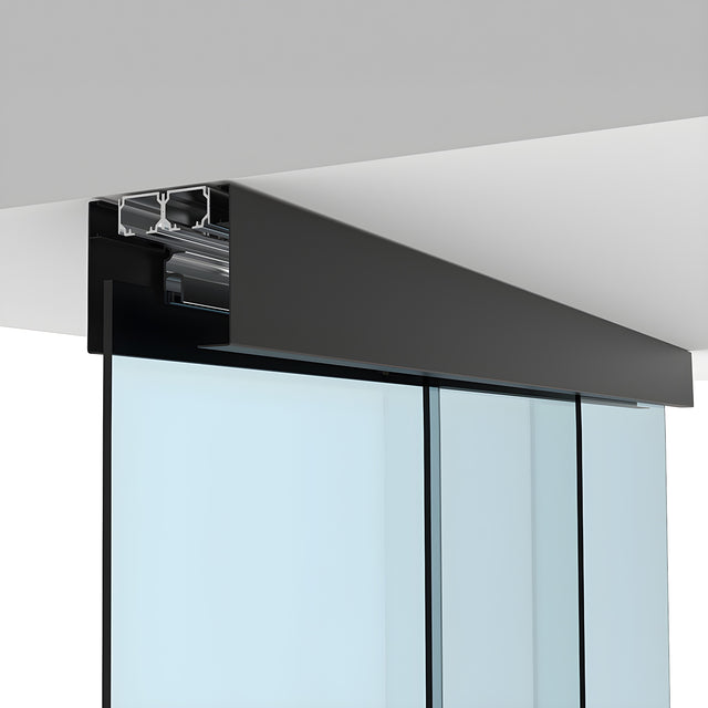 CRL50 Matte Black Series Two Panel Telescoping Behind Fixed Panel Ceiling Mount Kit - Left Stacking Direction