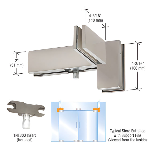 DORMAKABA® Brushed Stainless Left Hand Sidelite Mounted Transom Patch Fitting with Support Fin Bracket