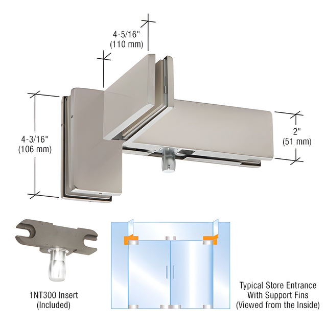 DORMAKABA® Brushed Stainless Right Hand Sidelite Mounted Transom Patch Fitting with Support Fin Bracket