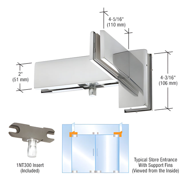 DORMAKABA® Polished Stainless Right Hand Sidelite Mounted Transom Patch Fitting with Support Fin Bracket