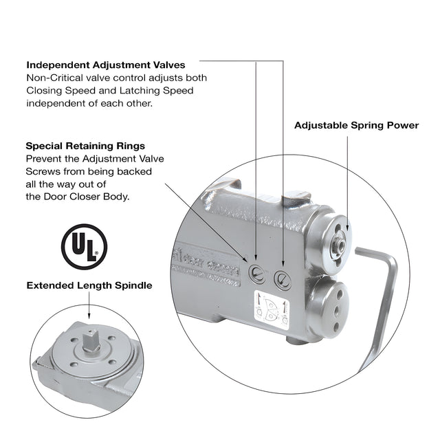 CRL Adjustable Spring Power 105 Degree Hold Open 3/4" Long Spindle Overhead Concealed Door Closer Body Only