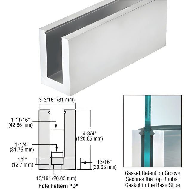 CRL L21S Series Mill Aluminum 118-1/8" Square Base Shoe Drilled for 13/16" Glass