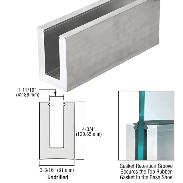 CRL Mill Aluminum L21S Series 118-1/8" Long Standard Square Base Shoe Undrilled for 13/16" Glass