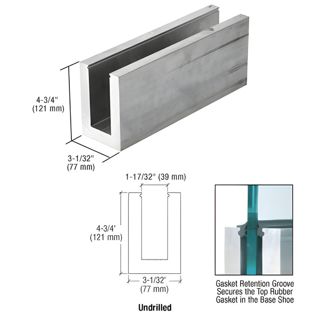 CRL L68S Series Mill Aluminum 118-1/8" Long Square Base Shoe Undrilled for 11/16" Glass
