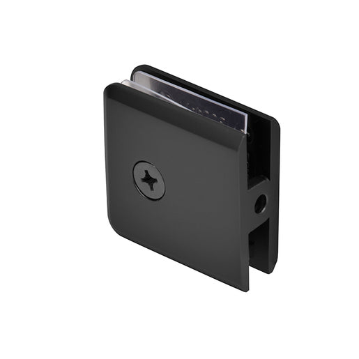 Matte black wall mount glass clamp with beveled edges for frameless shower panels, shown installed on clear glass.