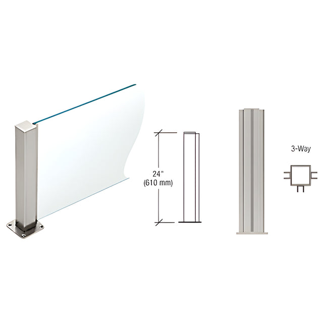PP43 Plaza Series Post for 3/8" (10 mm) Glass, Brushed Stainless 24" High, 1-1/2" Square, 3-Way Post