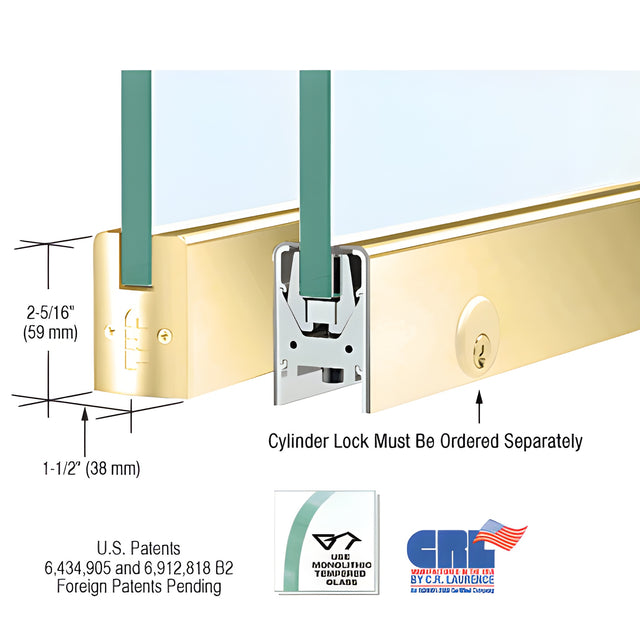 Polished Brass Low Profile Square DRS Door Patch Rail With Lock for 3/8" Glass - 8" Length