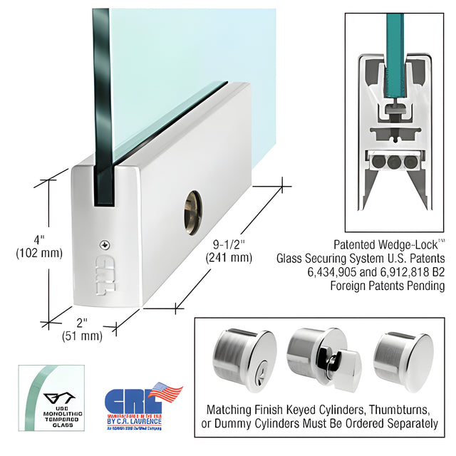 Polished Stainless 4" Square DRS Door Rail With Lock for 1/2" Glass - 9-1/2" Length
