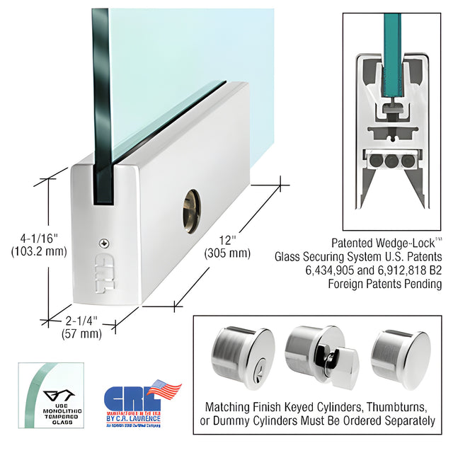 Polished Stainless 4" Square DRS Door Rail With Lock for 5/8" Glass - 12" Length