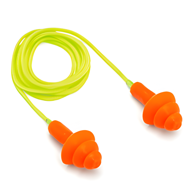 Reusable Orange Earplug with Yellow cord, NRR24dB, One Size Fits All – 50 Pairs/Box