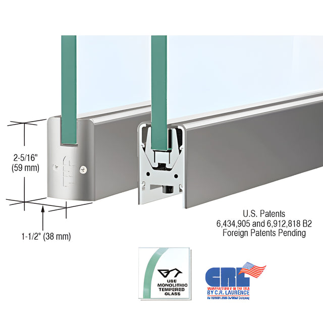 Satin Anodized Low Profile Square DRS Door Patch Rail Without Lock for 1/2" Glass - 8" Length