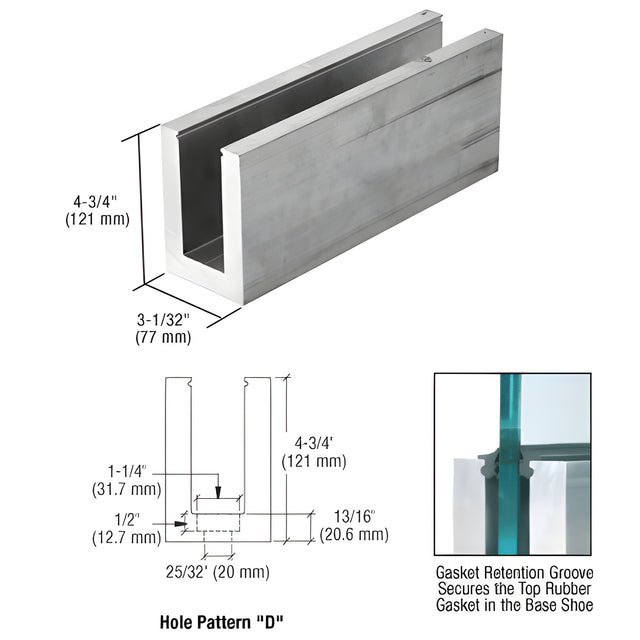 CRL Mill L68S Series Aluminum 118-1/8" Long Square Base Shoe Drilled for 11/16" Glass