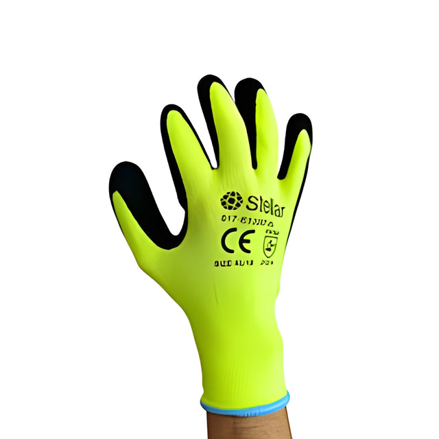 Stellar Hi-Viz Yellow Polyester Liner Coated Black Latex Foam Gloves, Sz 07 (Small) – 12 Pairs