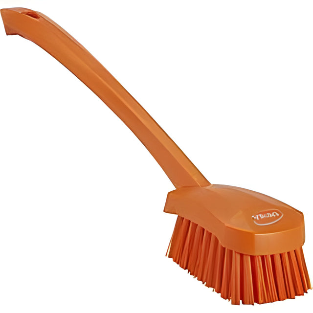 Vikan Long Handle Brush, Stiff Bristles, 15-1/2" Long, Orange- 1 Ea