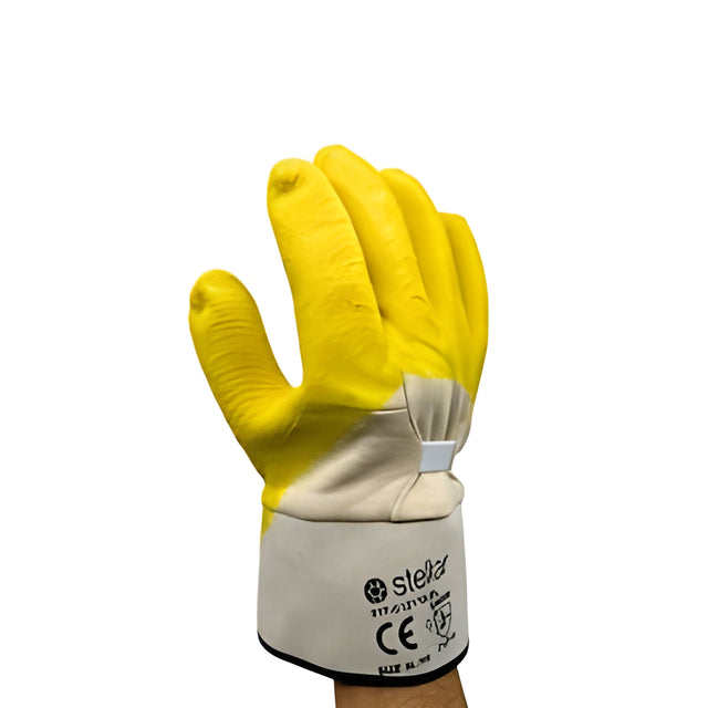 Stellar Jersey 3/4 Coated Yellow Latex Gloves, Wrinkle Finish, Safety Cuff, X-Large – 12 Pairs/Bag