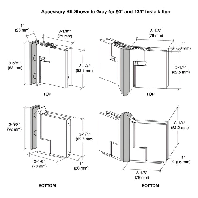 CRL Satin Brass Zero Hinge Accessory Kit for 90 Degree & 45 Degree Applications