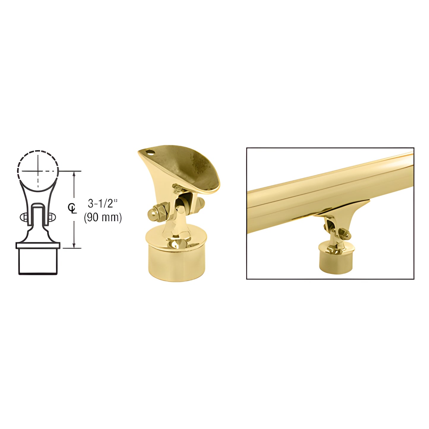CRL adjustable handrail saddle HR20VAPB, polished brass finish, adjustable angle mount for 3-1/8" centerline