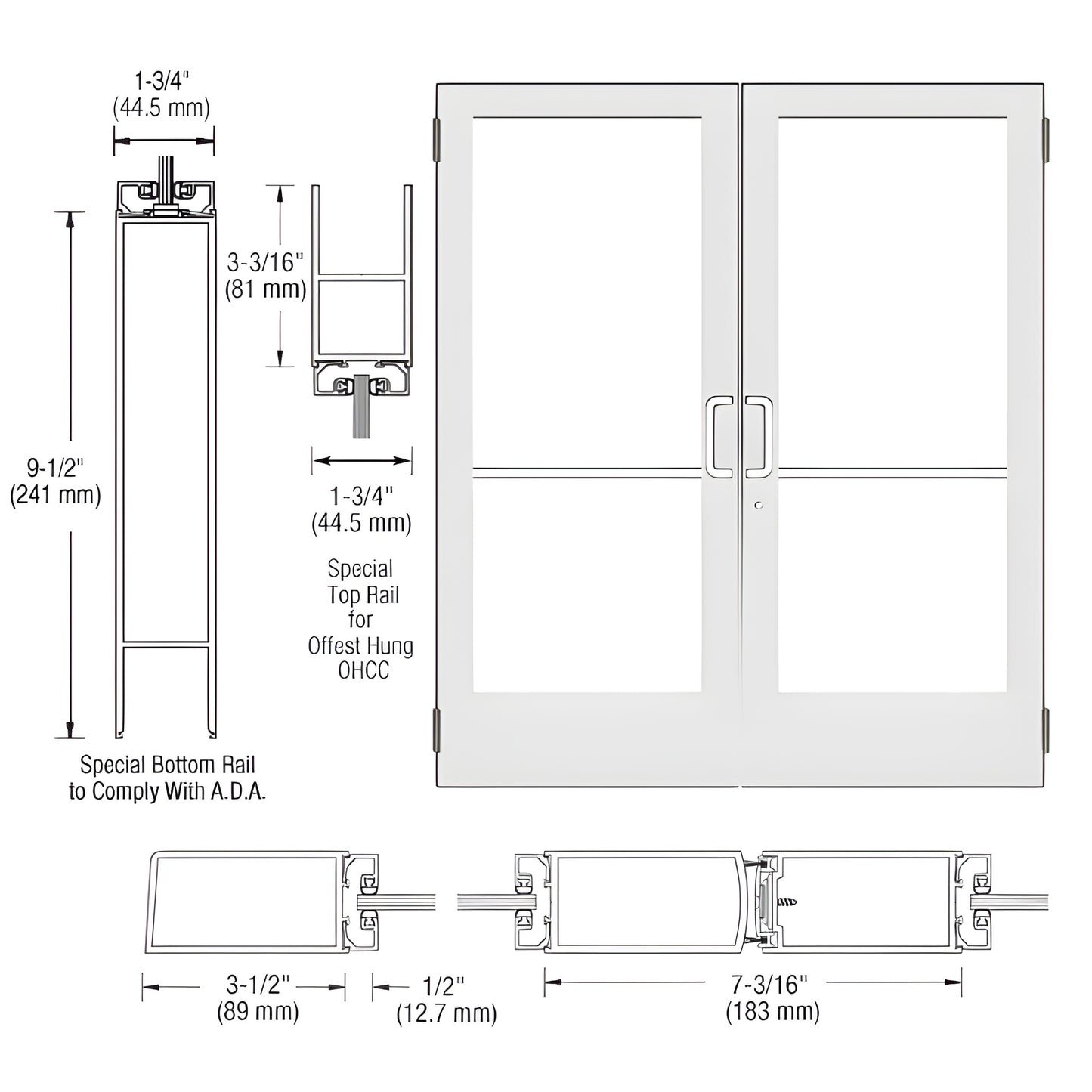 CRL CD42452 white Kynar double commercial entrance door with 9-1/2" ADA bottom rail, 3-1/2" stiles, glass-ready.