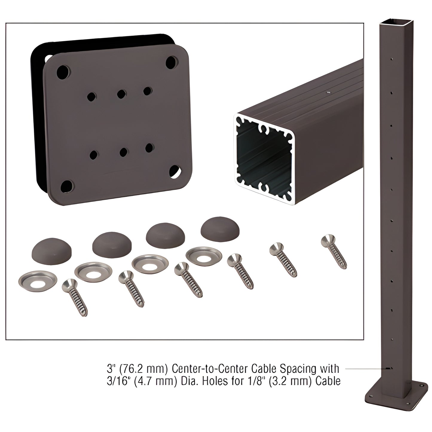 Matte bronze 36in aluminum square center-post kit with base plate, gasket, stainless washers, screws and bolt cover buttons (