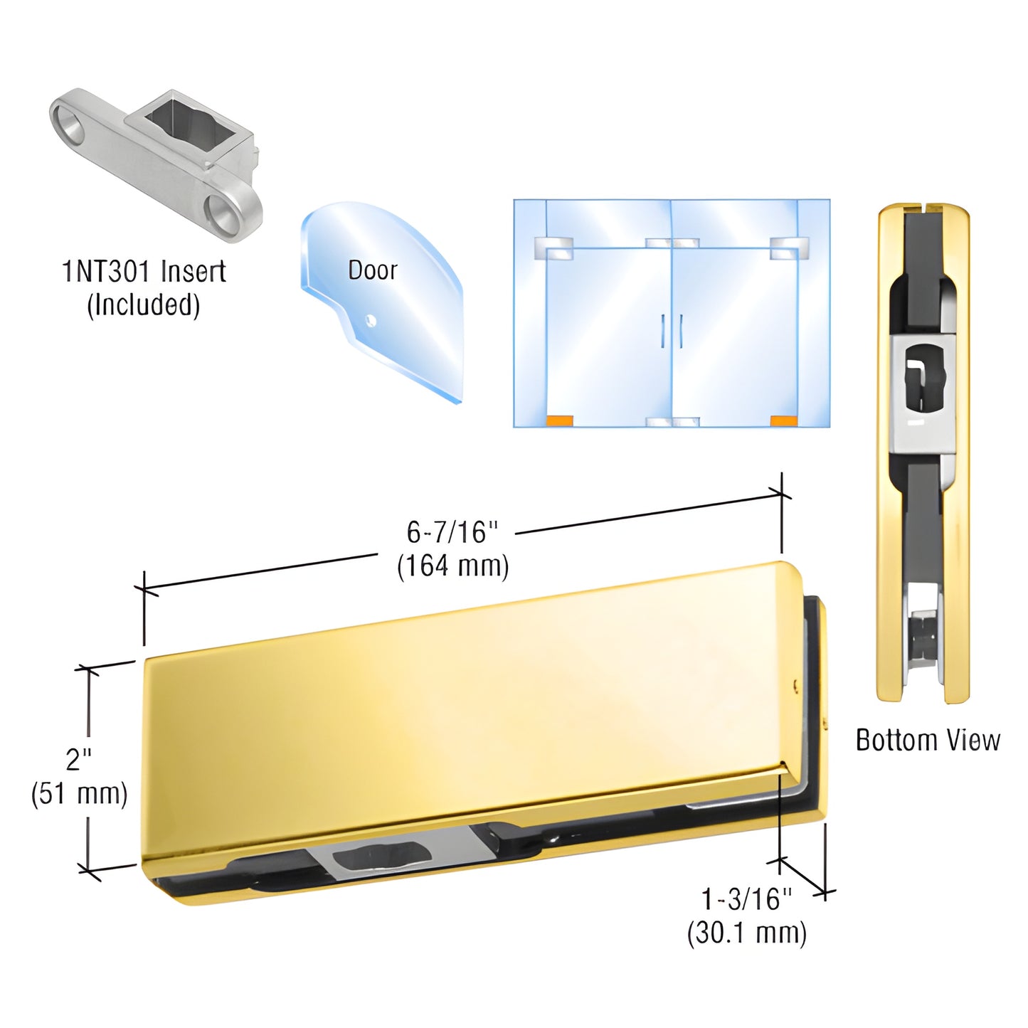 PH10CSB satin brass bottom gate patch fitting for frameless glass doors, low-profile corner mount, fits 3/8" or 1/2" glass.