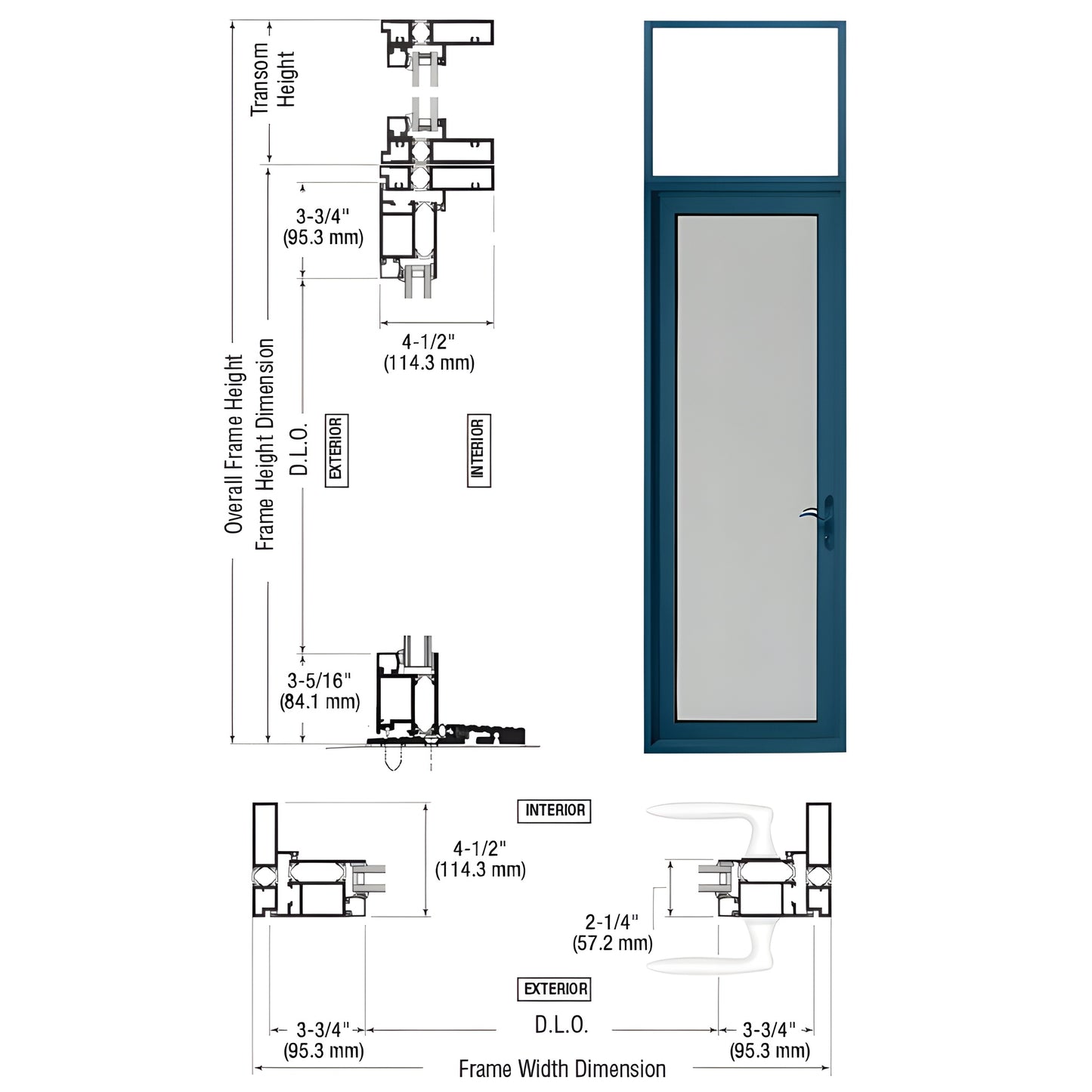 CRL Series 925 patio door (PNL91571R0) blue aluminum outswing with transom, accepts 1" insulating glass, five point lock, low
