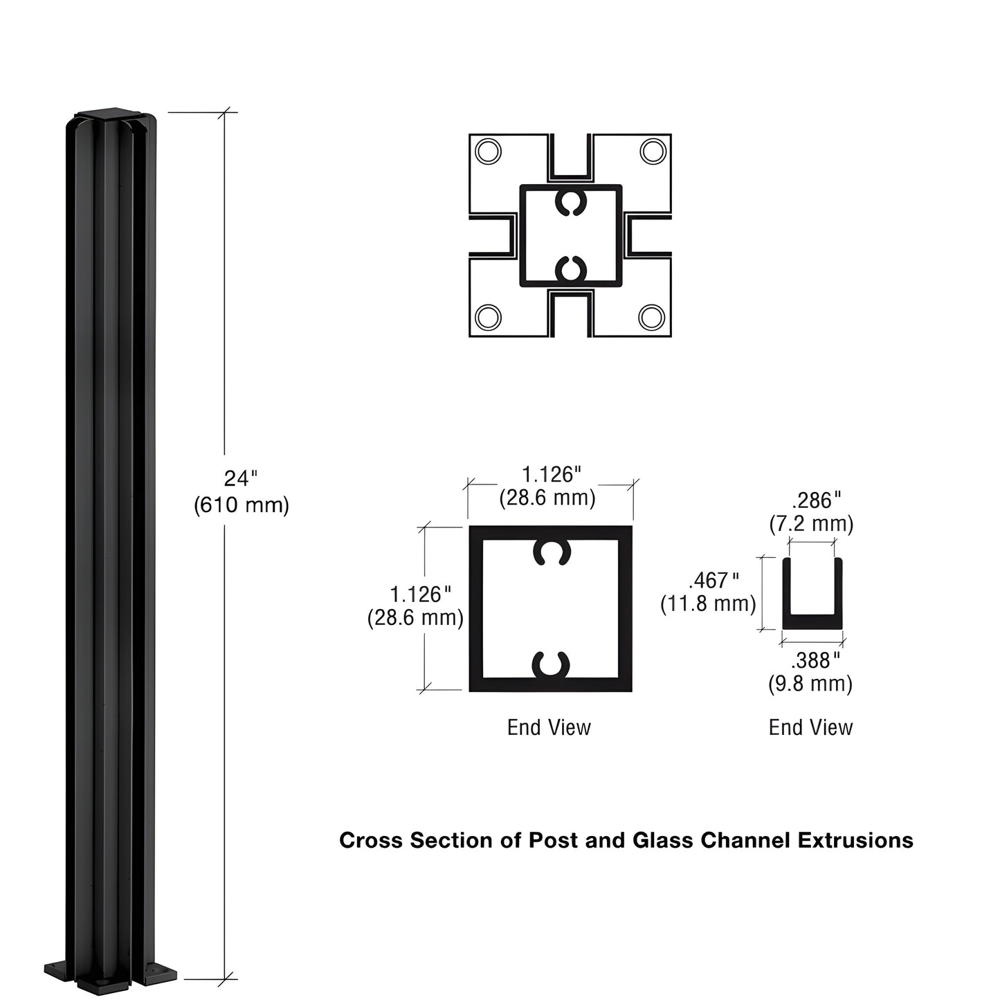 D990BL244W: 24in semi-gloss black 4-way aluminum partition post with full-length glazing channels