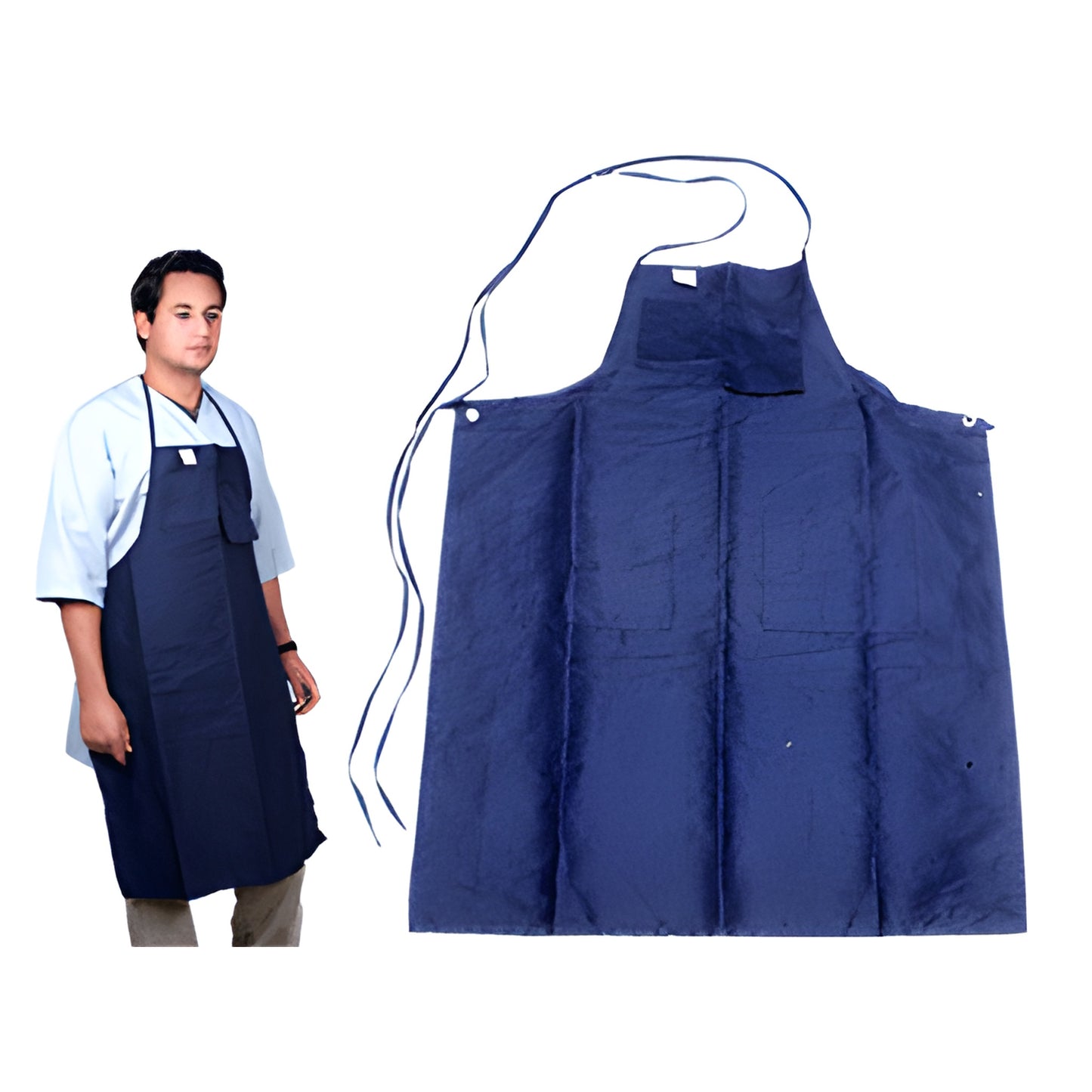 Blue 38-inch heavy cotton canvas machinist apron (SKU MNT27) with five tool pockets and neck/body ties.