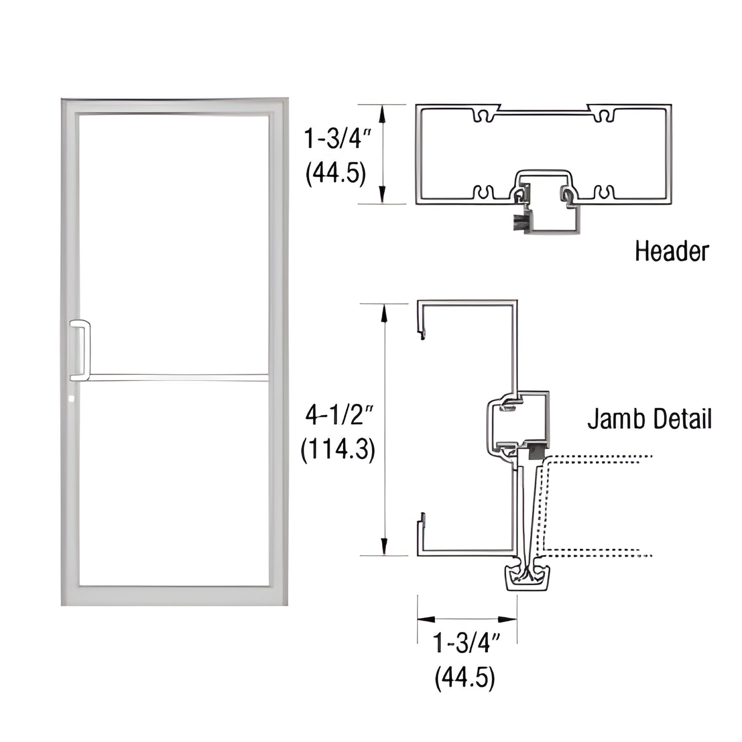 Clear anodized 1-3/4" x 4-1/2" gear-hinge up-and-over door frame with open back jambs and header/jamb detail (SKU 0B41811)