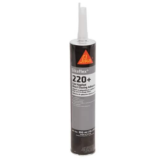 Close-up of CRL Sikaflex® 220+ Urethane Adhesive tube, showcasing fast curing features.