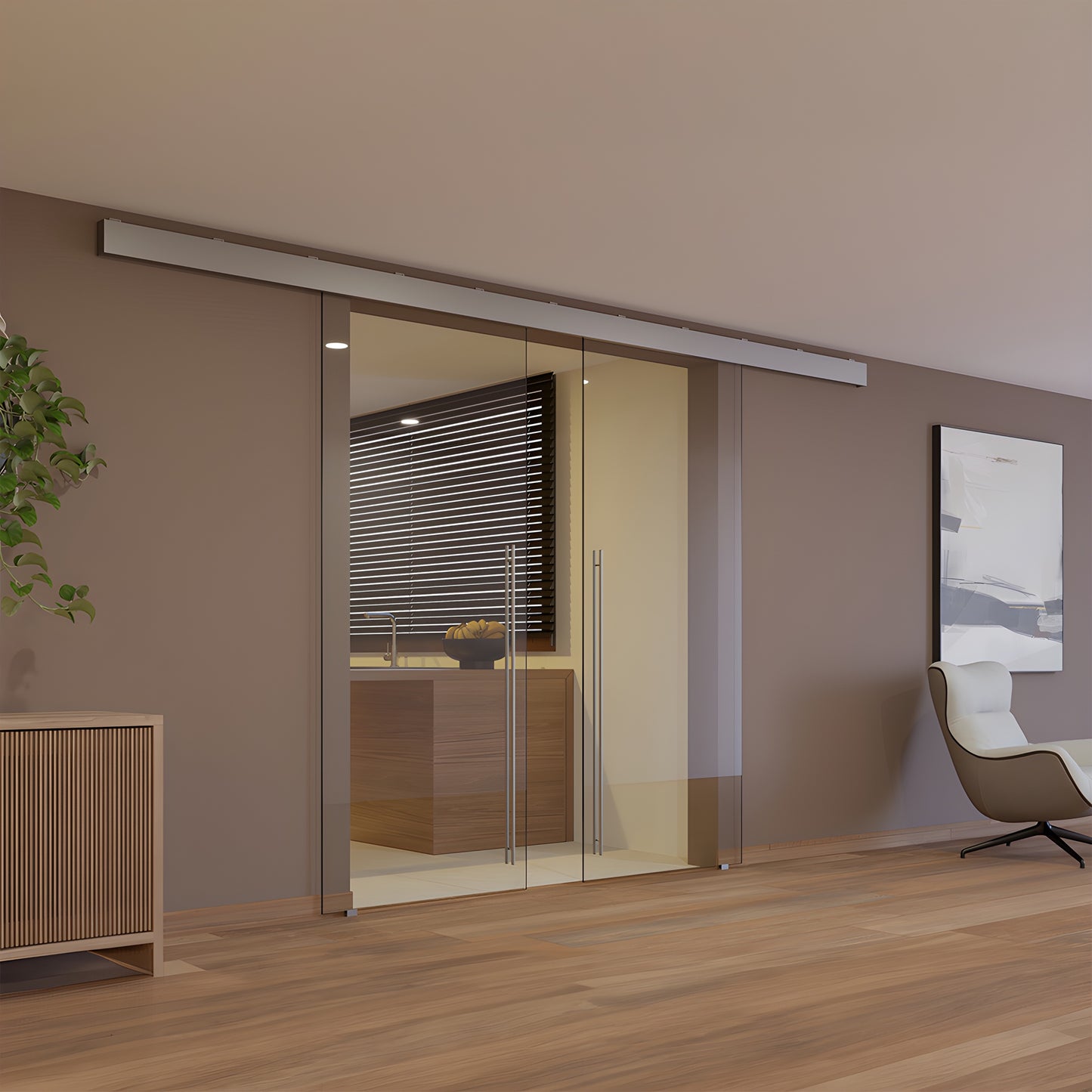 CRL50S2 satin anodized top-track for synchronized bi-parting tempered glass doors with one sliding glass panel.