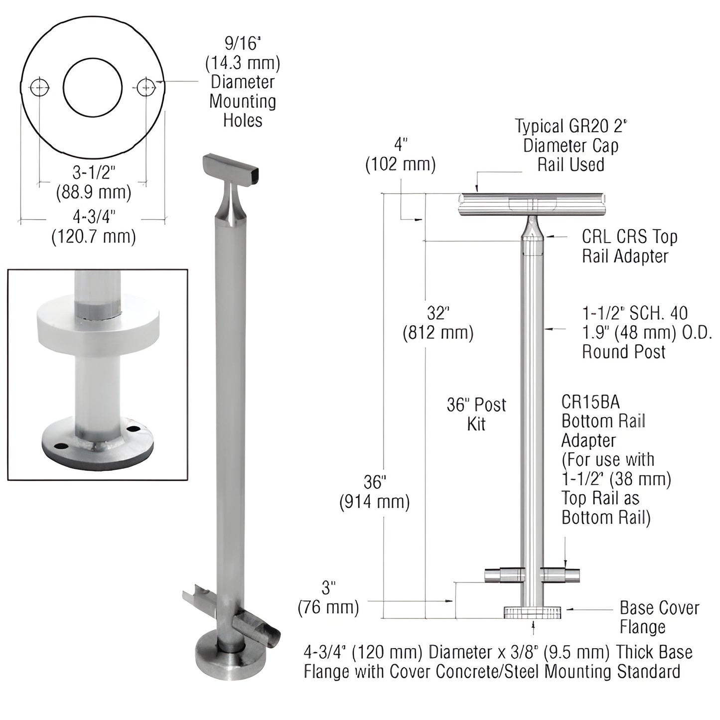 CR36CKBS 36" stainless steel surface-mounted handrail post kit with 4-3/4" base flange and top/bottom rail adapters.