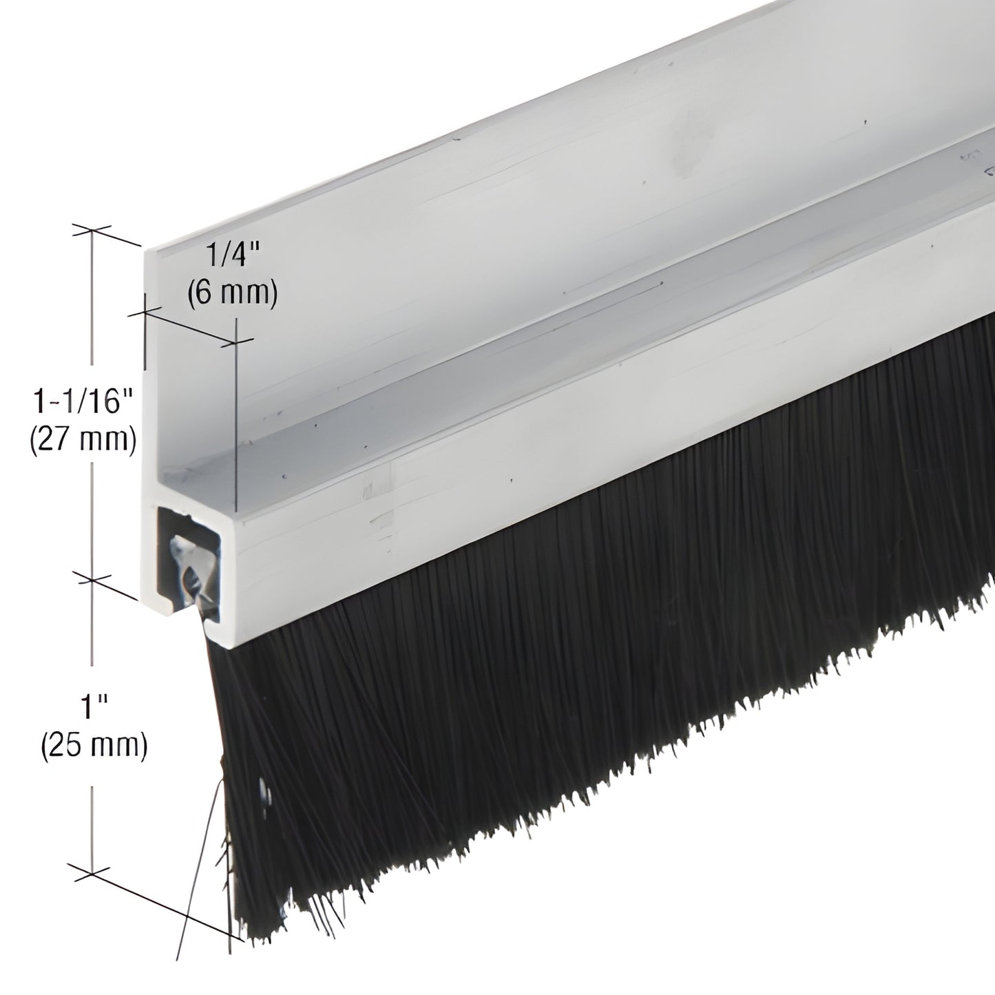 96 in aluminum extruded door sweep with 1" nylon brush weatherstrip, silver finish