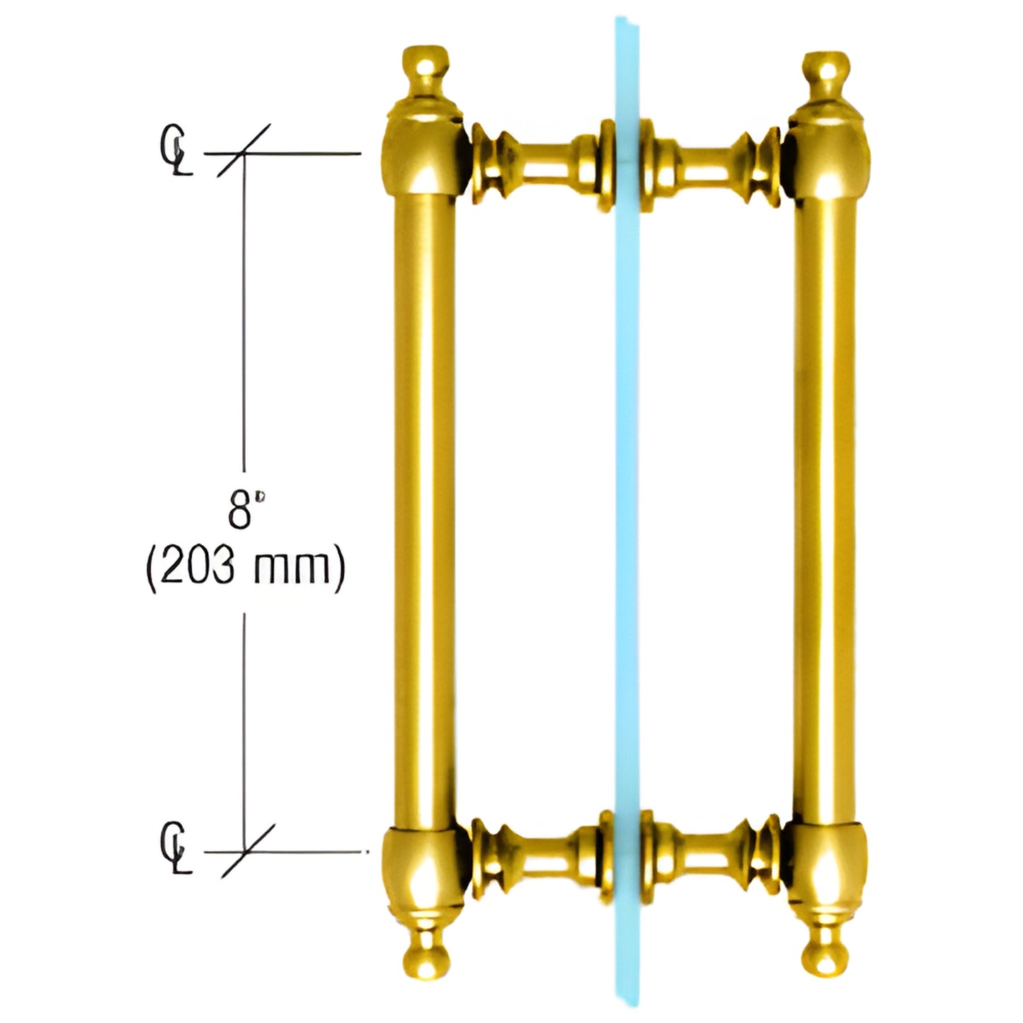 Colonial-style unlacquered brass back-to-back shower door pull, 8" c-c, fits 1/4-1/2" (6-12mm) glass, SKU C0L8X8ULBR