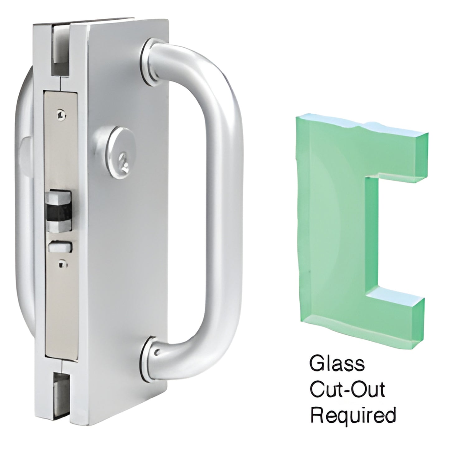 DL410RSC 4x10 satin anodized center lock for 1/2" tempered glass - D-handle, deadlatch, interior thumbturn and keyed cylinder