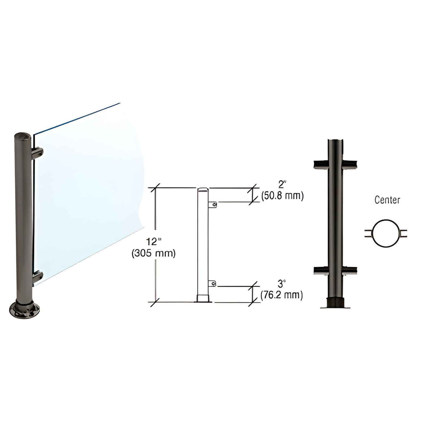 12" gloss black round stainless center post for sneeze guards with fittings, accepts 3/8" glass - SKU PP55CBL.