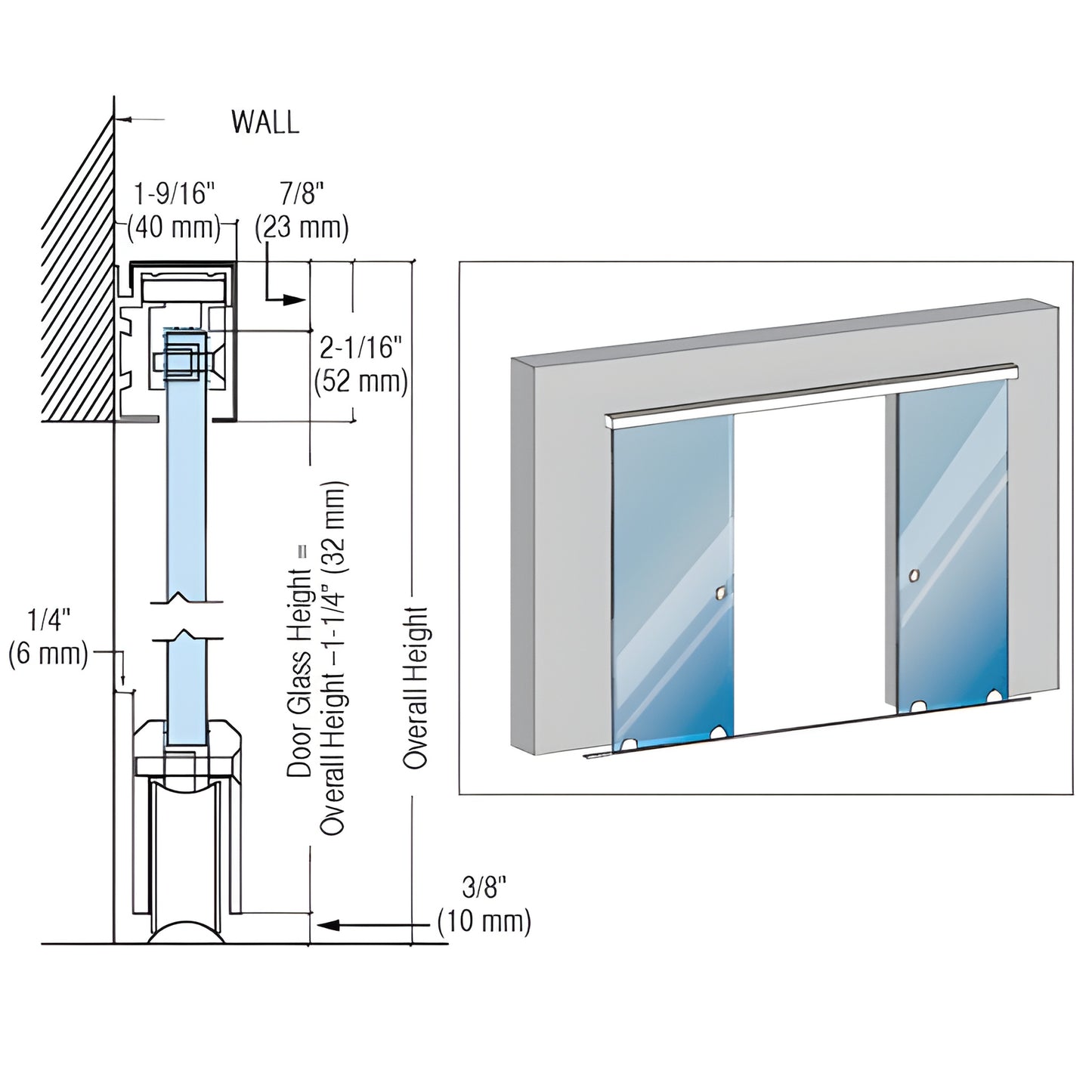 GSDH2BS brushed stainless steel 118" sliding glass door kit - top/bottom tracks, rollers for 8-12mm tempered glass, supports