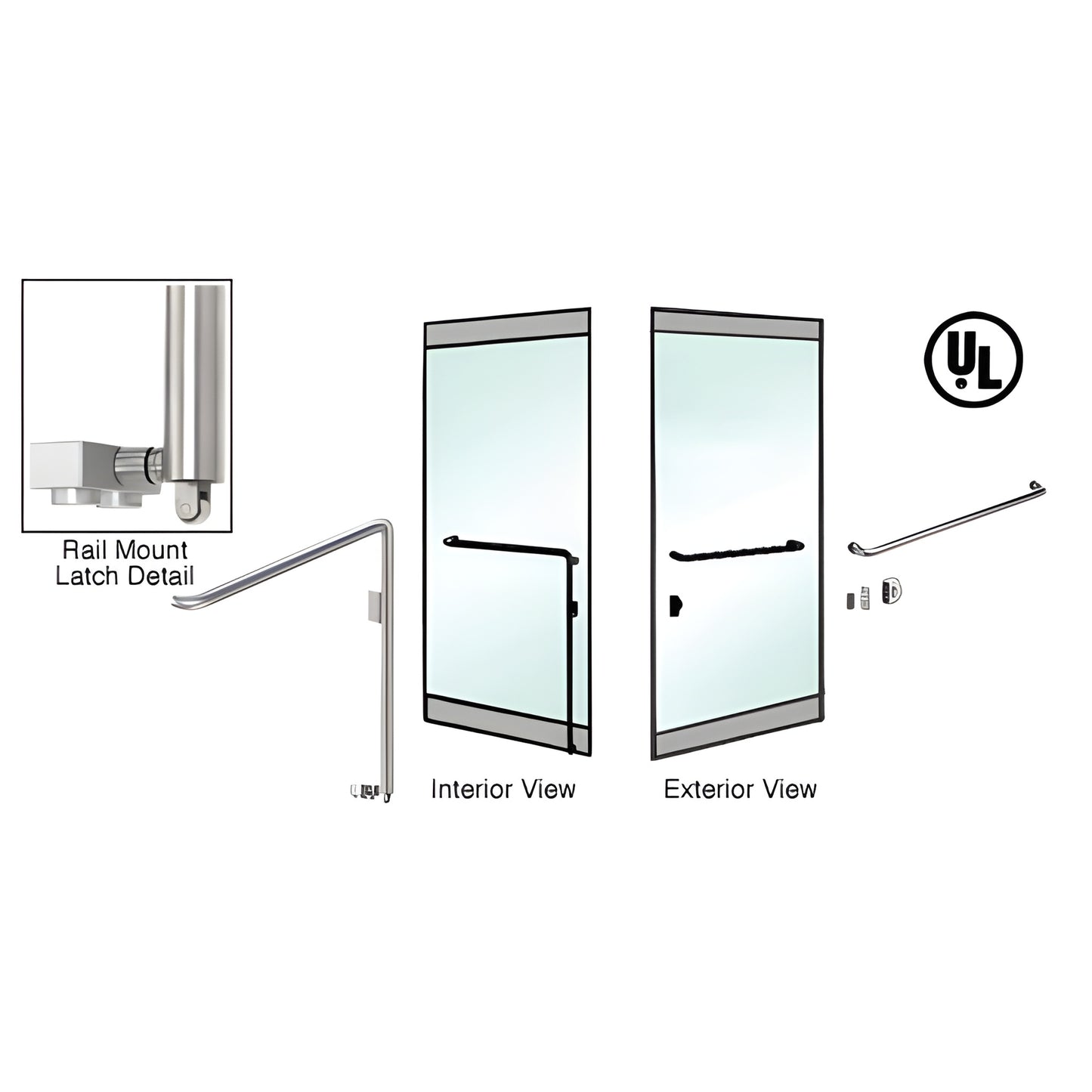PA110A3RKBS brushed stainless steel 1-1/4 in rail-mount panic handle for 1/2 in glass doors; interior actuation, exterior key