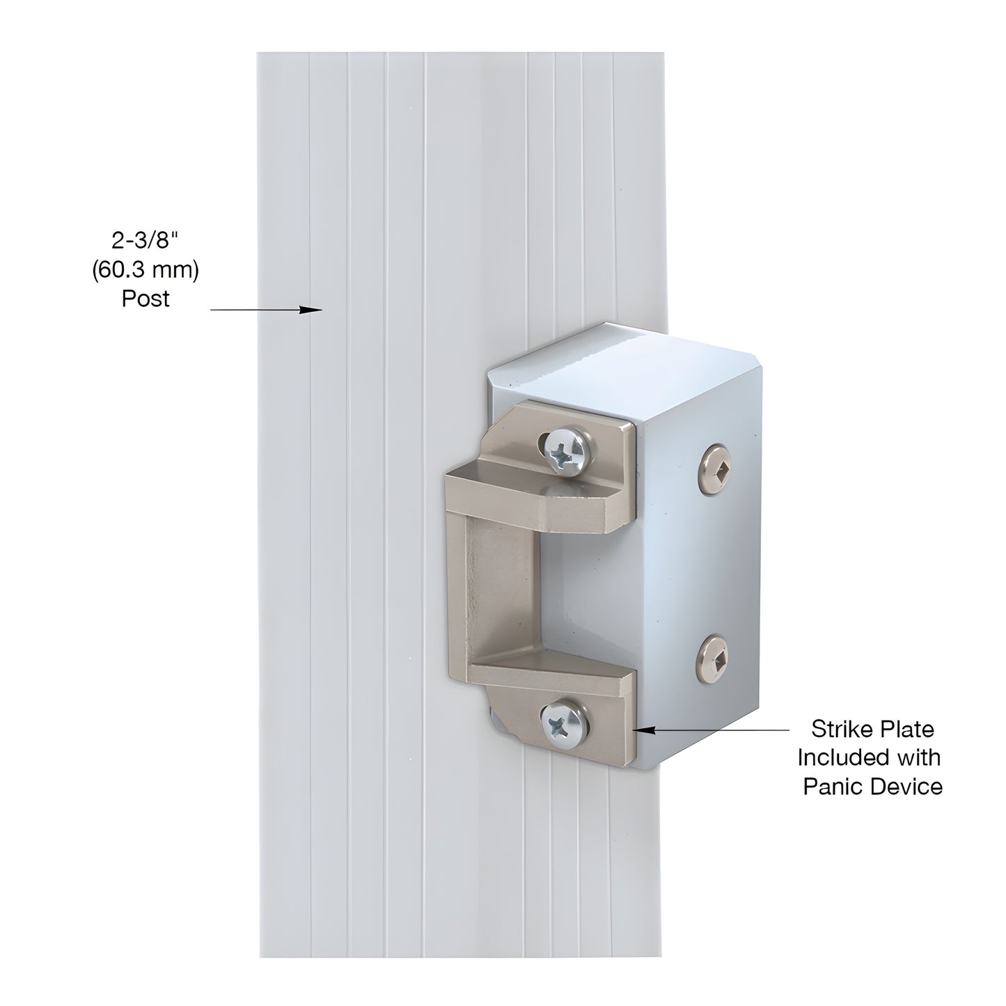 CRL surface-mounted strike plate block (1295SPS), silver metallic, fits 2-3/8" post, non-handed.