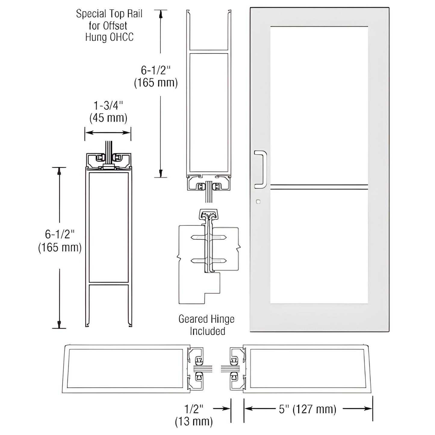 Custom wide stile entrance door DC51952 in White Kynar - 5" stiles, 51 2" top rail, 61 2" bottom rail, push/pull set.