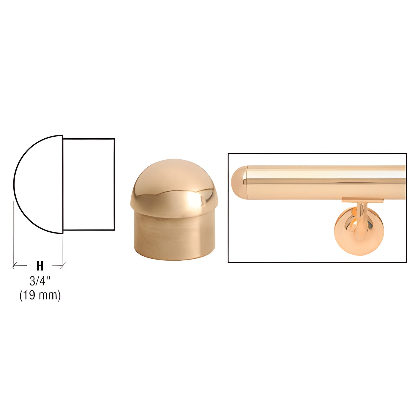 HR15DPB polished brass dome end cap for 1-1/2" round tubing, slips in for finished handrail end.