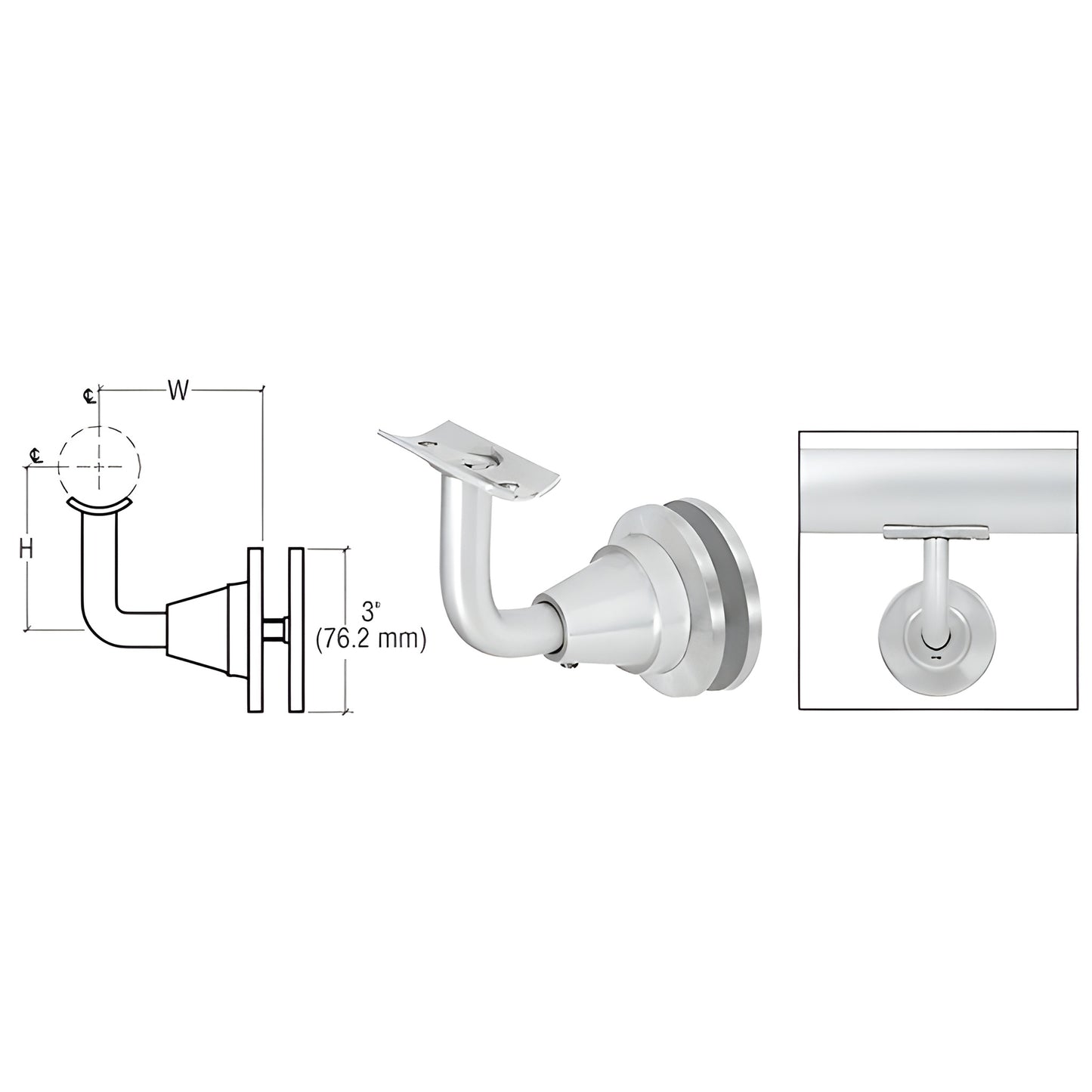 CRL Newport HR2DGSA satin anodized aluminum glass-mounted adjustable handrail bracket for 1.5-2" tubing, 3/4" glass hole