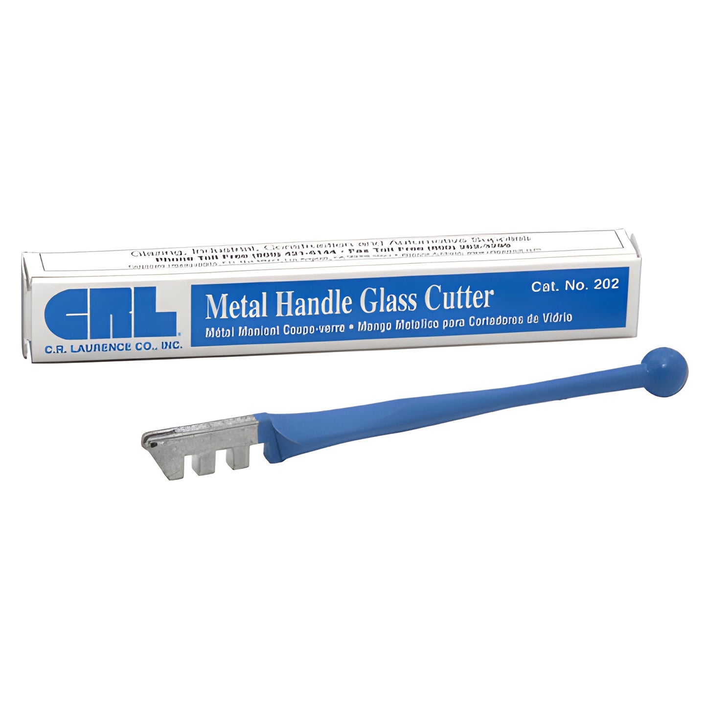 CRL metal-handle glass cutter (SKU 202) with blue ball-end handle and steel cutting head, shown with its box.