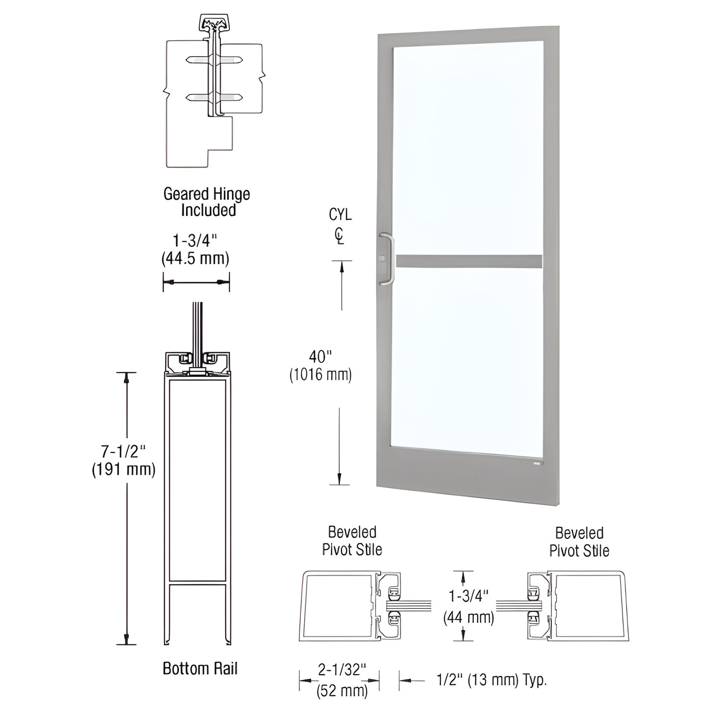 Clear anodized narrow-stile commercial glass entrance door HZ21811 with 7-1/2" bottom rail, panic-hardware ready, 2" stiles