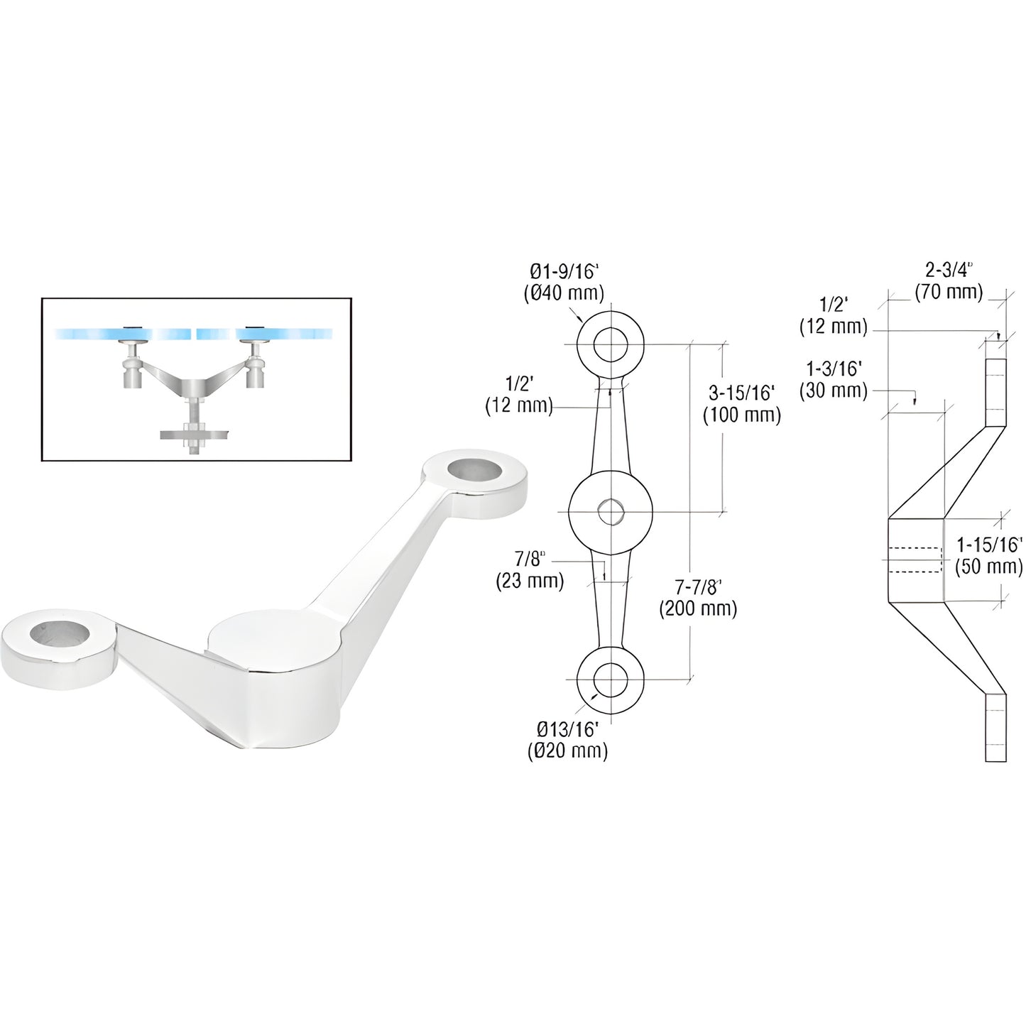 CRL PMH2PS stainless-steel double-arm center-post fitting for two in-line glass panels up to 27 mm
